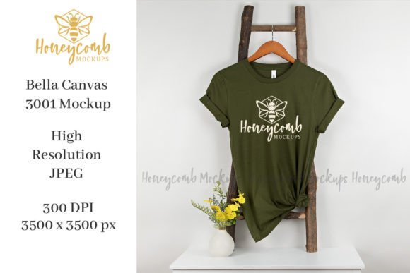 Hanging Bella Canvas Olive 3001 Mockup for T-Shirts Graphics